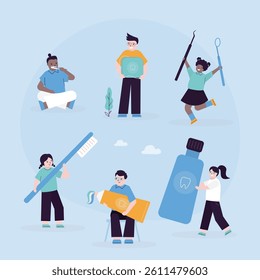 Set of children. Various kids with oral care tools - brush, toothpaste, floss. Healthy teeth after brushing and whitening. concept of pediatric stomatology. flat vector illustration