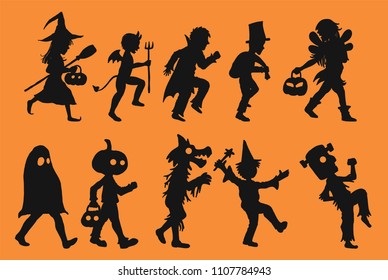 Set of children vector in halloween day.Children silhouette on orange background.