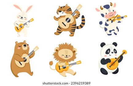 Conjunto de ilustraciones vectoriales secundarias. Cute vaca panda oso liebre león y tigre tocando guitarra. Animales con instrumentos musicales de fondo blanco 