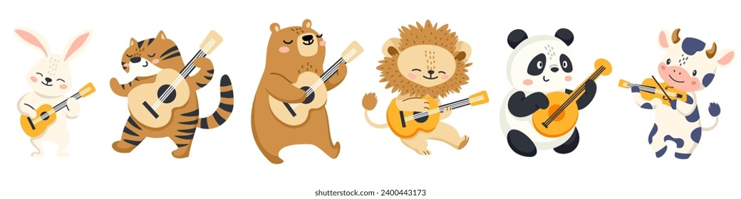 Set of children vector illustration. Cute cow panda bear hare hare lion and tiger playing guitar. Animals with musical instruments on white background 