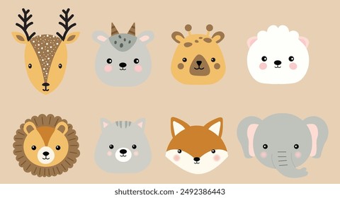 Set of children vector illustrations of cute wild animals isolated on brown background