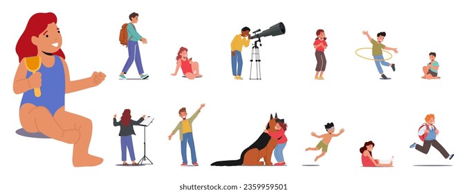 Set of Children Walk to School, Play on Beach, Eat Ice Cream. Girls and Boys Look in Telescope, Conductor, Hug Dog and Swim in Sea. Character with Broken Leg, Hoop. Cartoon People Vector Illustration