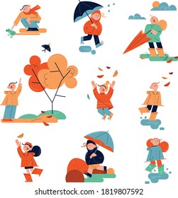 Set of children walking, playing and enjoying time during autumn
