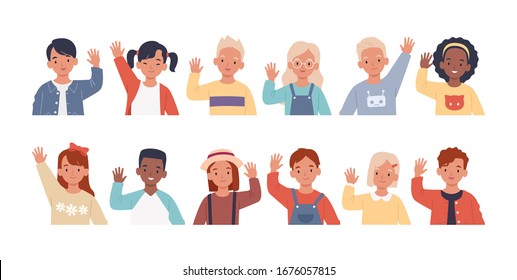 Set of children waving their hands in greeting. Collection of kids, boys and girls greet, raising hands. Vector illustration in a flat style