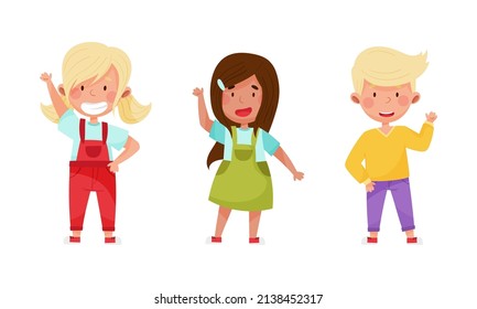 Set of children waving their hands in greeting. Cheerful kids standing with hand raised cartoon vector illustration