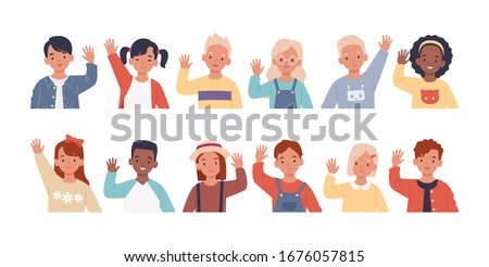 Set of children waving their hands in greeting. Collection of kids, boys and girls greet, raising hands. Vector illustration in a flat style