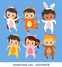 Set of children wear animal costume illustration