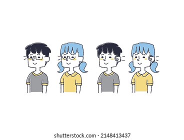 A set of children wearing auxiliary equipment such as glasses and hearing aids. Comical handwritten person vector, color on line drawing