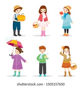 Set Of Children Wearing Different Clothes For Autumn Season, Nature, Season, Weather, Symbol, Kids, Activity 