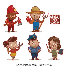 Set of children wearing in job uniforms what they will do in a future, hairdresser, police officer, firefighter, farmer, teacher, vector