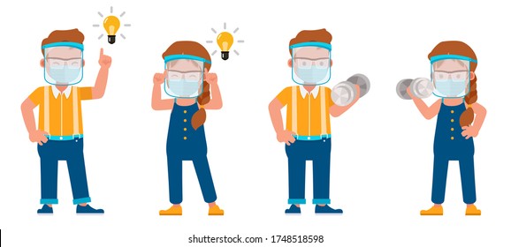 Set of children wearing medical mask and face shield character vector design. Presentation in various action with emotions. no4