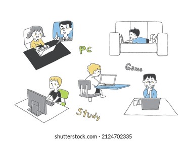  A set of children who master the computer. Comical handwritten illustrations of people. Simple coloring of vector line drawings.