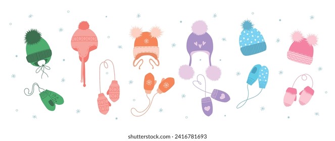 Ponga accesorios de invierno para niños. Niños de punto caluroso uso de la cabeza, accesorios de otoño e invierno aislados en iconos de fondo blanco. sombrero y mitones de invierno, accesorio infantil