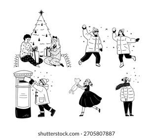 Set of children in winter activities -  opening gifts under Christmas tree, playing in snow, vector illustration. Collection of kids Christmas celebration and holiday fun doodle line art style
