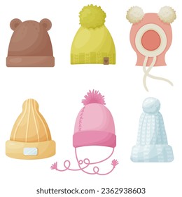 Set of children winter and autumn hats. Vector cartoon illustration for winter or fall design isolated on a white background.