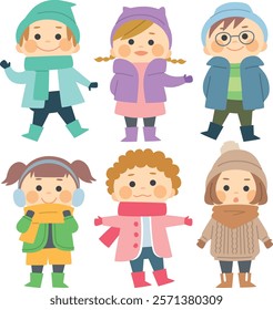 Set of children in winter clothes