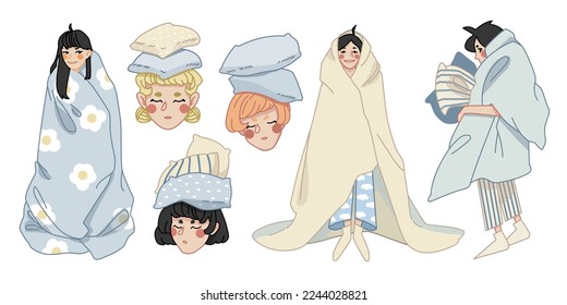 Set of children are wrapped in blankets and sleeping people with pillows on their heads