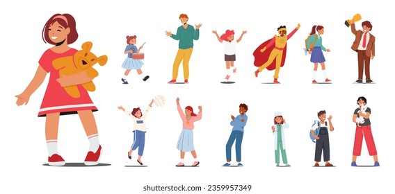 Set of Children, Young Boys and Girls Characters In The Early Stages Of Life. Curios, Playful, Kids Playing with Pet, Wear Doctor, Super Hero Suit, Drumming, Win. Cartoon People Vector Illustration