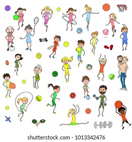 A set of children's and adults' figures painted in children's style, engaged in various summer sports. Personalizes the family and a healthy lifestyle. Vector drawing.