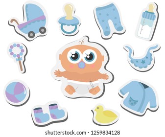 A set of children's attributes - strollers, toys, clothes, baby