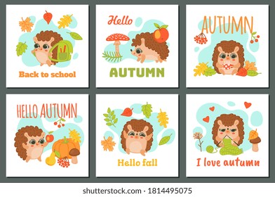 Set of childrens autumn and back to school cards with cute hedgehog cartoon character, flat vector illustration on white background. Autumn or fall banners collection.