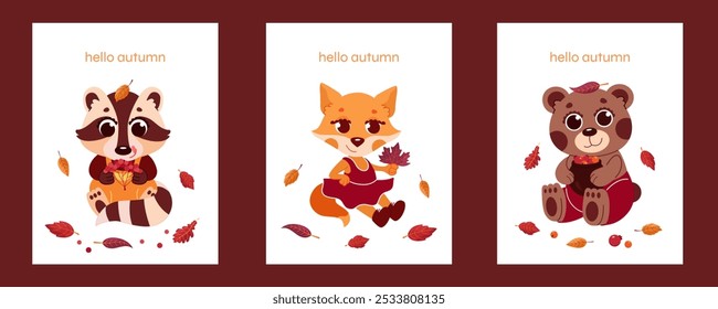 A set of children's autumn gifts. Cute "hello autumn" posters. Little cute fox, bear and raccoon.