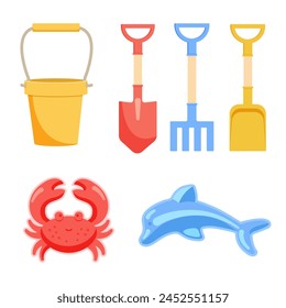 A set of children's beach toys for playing in the sand. Bucket, shovel, rake, scoop, molds for creating figures from sand. Vector illustration