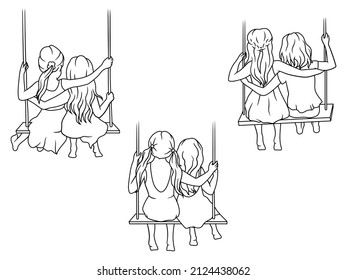 Set of children's best friends. Collection of cute girls ride on a swing together. Happy friendship day. Vector illustration of female strong friendship.