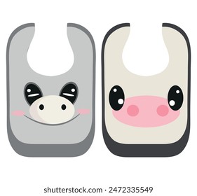 set of children's bibs with the image of animals, namely with the face of a donkey and a cow, for children's textiles, for design or advertising