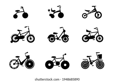 Set of children's bicycles black and white silhouettes vector image isolated on a white background.
