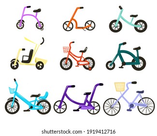 Un conjunto de bicicletas para niños de diferentes colores y diseños. Elementos sobre un fondo blanco