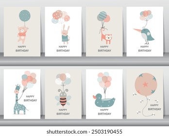 Conjunto de tarjetas de felicitación de cumpleaños de los niños. Diseño lindo de animales. cartel, Plantilla, tarjetas de felicitación, Ilustraciones vectoriales.