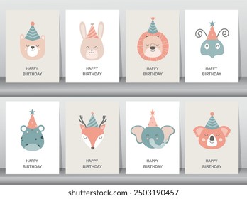 Conjunto de tarjetas de felicitación de cumpleaños de los niños. Diseño lindo de animales. cartel, Plantilla, tarjetas de felicitación, Ilustraciones vectoriales.