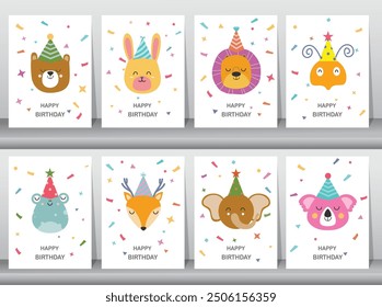 Conjunto de tarjetas de felicitación de cumpleaños de los niños. Diseño lindo de animales. cartel, Plantilla, tarjetas de felicitación, Ilustraciones vectoriales.