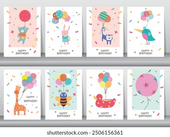 Conjunto de tarjetas de felicitación de cumpleaños de los niños. Diseño lindo de animales. cartel, Plantilla, tarjetas de felicitación, Ilustraciones vectoriales.