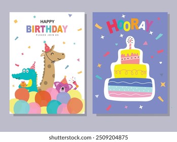 Set of children's birthday greeting cards .Cute animals design.poster,template,greeting cards,Vector illustrations.