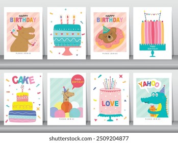 Conjunto de tarjetas de felicitación de cumpleaños de los niños. Diseño lindo de animales. cartel, Plantilla, tarjetas de felicitación, Ilustraciones vectoriales.