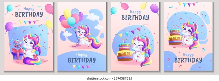 A set of children's birthday greeting cards with a unicorn, a gift, a lollipop, confetti, balloons, a garland. Birthday party, celebration, greetings, invitation concept. Vector illustration.