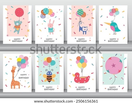 Set of children's birthday greeting cards .Cute animals design.poster,template,greeting cards,Vector illustrations.