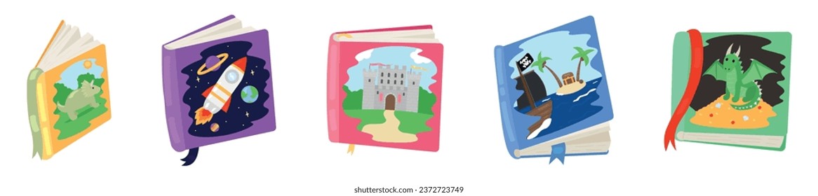 Set of children's books of different genres on white background