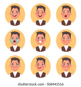 Set of children's boy avatars expressing various emotions. Smile, laughter, fear, perplexity, anger, tears, sadness, wink, hate. Vector illustration in cartoon style.