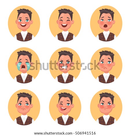 Set of children's boy avatars expressing various emotions. Smile, laughter, fear, perplexity, anger, tears, sadness, wink, hate. Vector illustration in cartoon style.