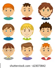 Set of children's boy avatars. A set of male characters.  Flat illustration men's faces.