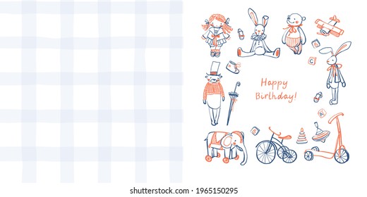 A set of a children's card and a seamless checkered pattern. Cute baby style. Stock vector illustration.