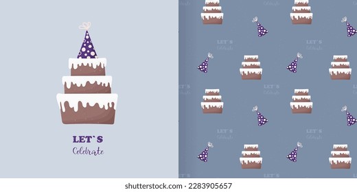 Set of children's card and seamless pattern. Birthday card in blue colors. Children's birthday. Postcard with a big festive cake