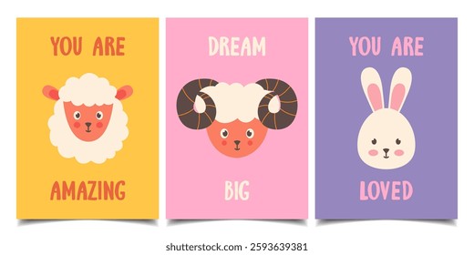 Set of children's cards with cute animals. Vector illustration