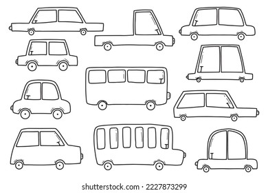 Set of childrens cars. Vector illustration. Doodle style.