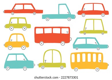 Set of childrens cars. Vector illustration. Drawn style.