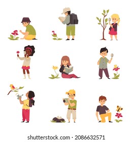 Set of childrens cartoon characters studying nature in flat vector illustration isolated on white. Boy, girl examines plants through magnifying glass, photographs insects, learns new about environment
