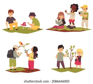 Set of childrens cartoon characters studying nature together in flat vector illustration isolated on white. Boy, girl examines plants through magnifying glass, make discoveries about environment.